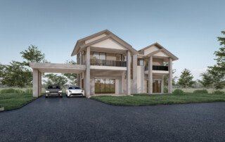 3d rendering illustration of modern minimal house design with natural view and asphalt road
